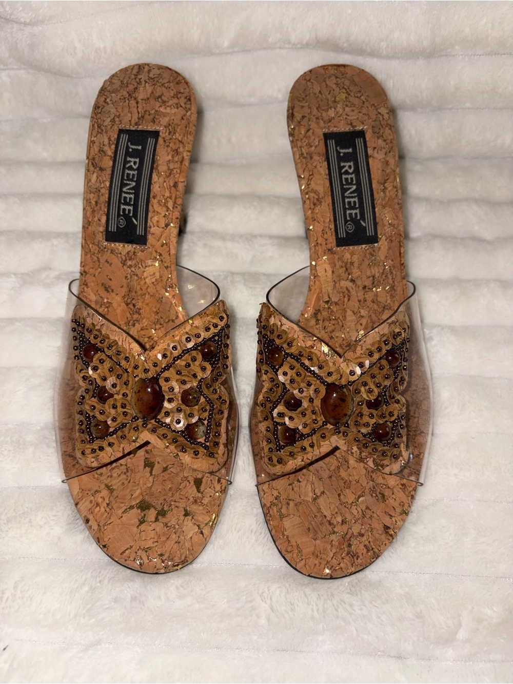 J.Renee Clear Cork Slide Sandals with Brown Beaded Butterfly 8.5